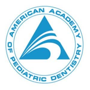 Circular blue logo with stylized triangle design, swirls inside. Text reads "American Academy of Pediatric Dentistry" around the emblem. Clean, professional look.